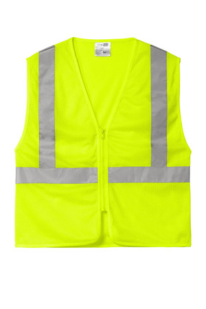Breathable mesh vest with molded zipper closure, reflective tape, and ANSI 107 Class 2 compliance.