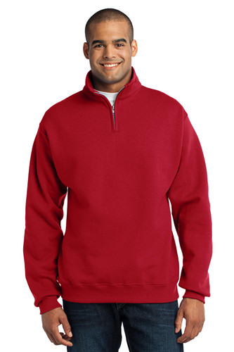 JERZEES NuBlend Full-Zip Hooded Sweatshirt made from 50/50 cotton/poly, featuring pill-resistant fleece for comfort.