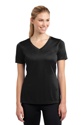 Lightweight women's V-neck tee with PosiCharge technology for moisture-wicking and color retention