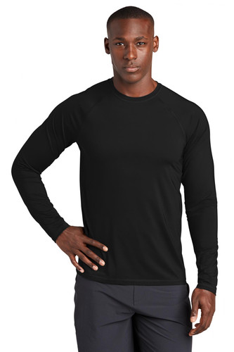 Sport-Tek Long Sleeve Rashguard Tee with stretch fabric and PosiCharge technology for water activities.
