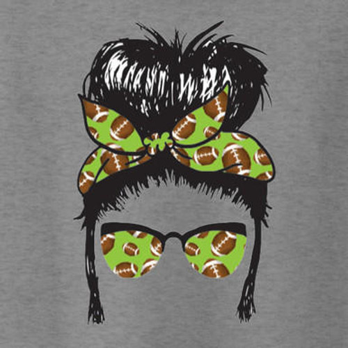 "Messy Bun Football" DTF transfer, perfect for customizing football-themed apparel with a fun, stylish design.