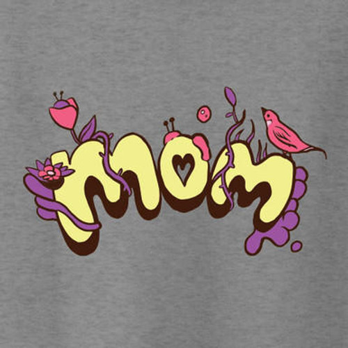 Mom bird DTF transfer, 9.00"W x 5.00"H, suitable for cotton, polyester, and poly-cotton fabrics.