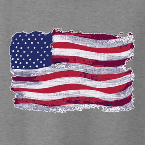 Distressed American flag DTF transfer for shirts, suitable for cotton, polyester, and poly-cotton blends.