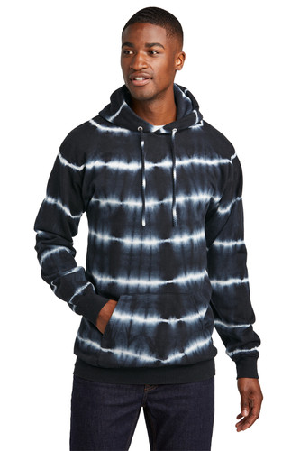 Port & Company® Allover Stripe Tie-Dye Fleece hoodie with dark, inky hues