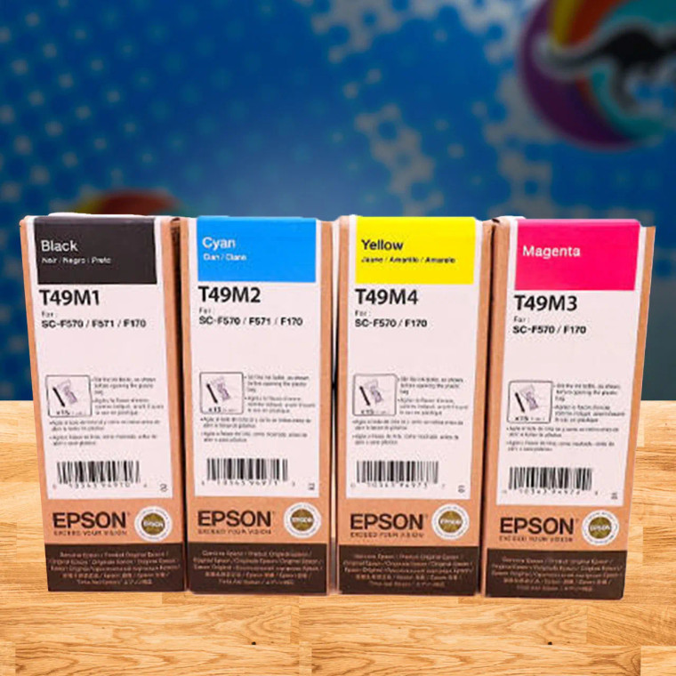 Set of four Epson T49M sublimation ink bottles in black, cyan, magenta, and yellow