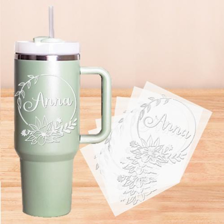 Cut PSV Transfers displayed on a green mug  Cut PSV Transfers displayed on a green mug