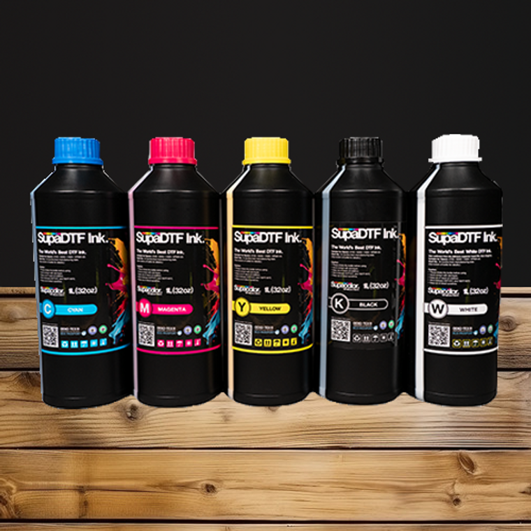 SupaDTF Ink – Premium DTF Printing Ink mockup on table 