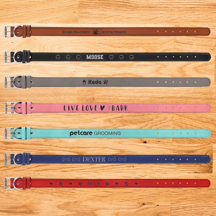 Assortment of laserable leatherette dog collars featuring engraved names and designs, highlighting available color options