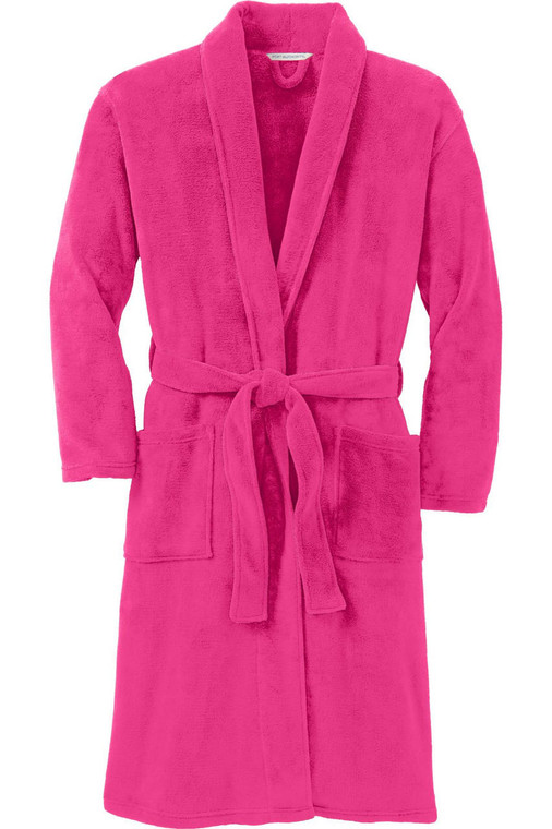 Soft and cozy shawl collar robe made of 14.5-ounce 100% polyester fleece for warmth and comfort.