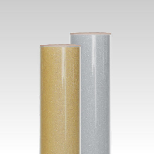 Rolls of GlitterFlex Light HTV featuring a sticky carrier for easy repositioning during application.