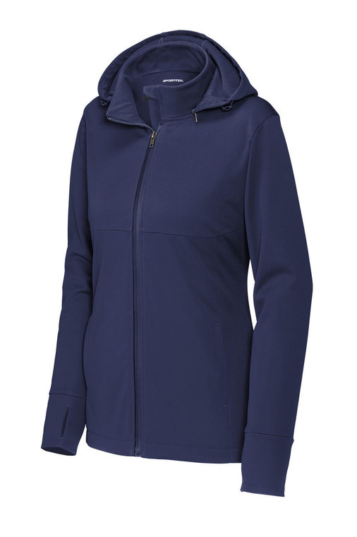 Sport-Tek® Hooded Soft Shell Jacket with raglan sleeves and a removable three-panel hood.