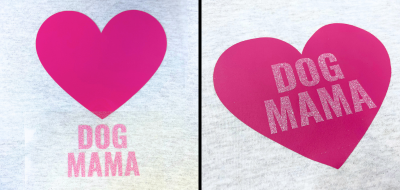 Pink heart shaped 'Dog Mama' glitter transfer