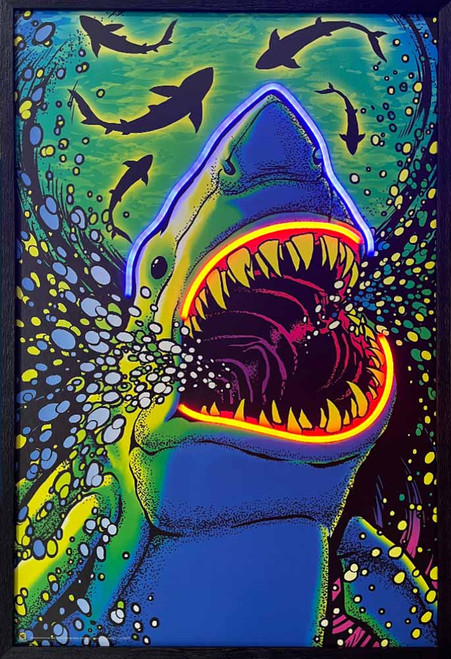Shark Attack Framed LED Neon Light Canvas Print - 24" x 36"