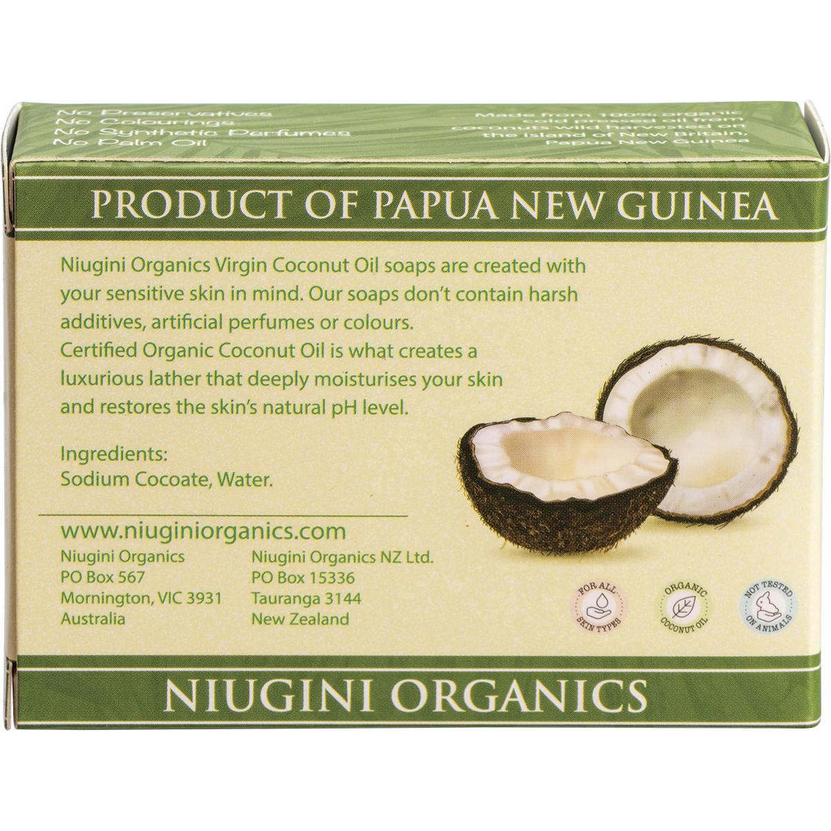 Niugini Organics Virgin Coconut Oil Soap - Pure Unscented 100g product photo back of box