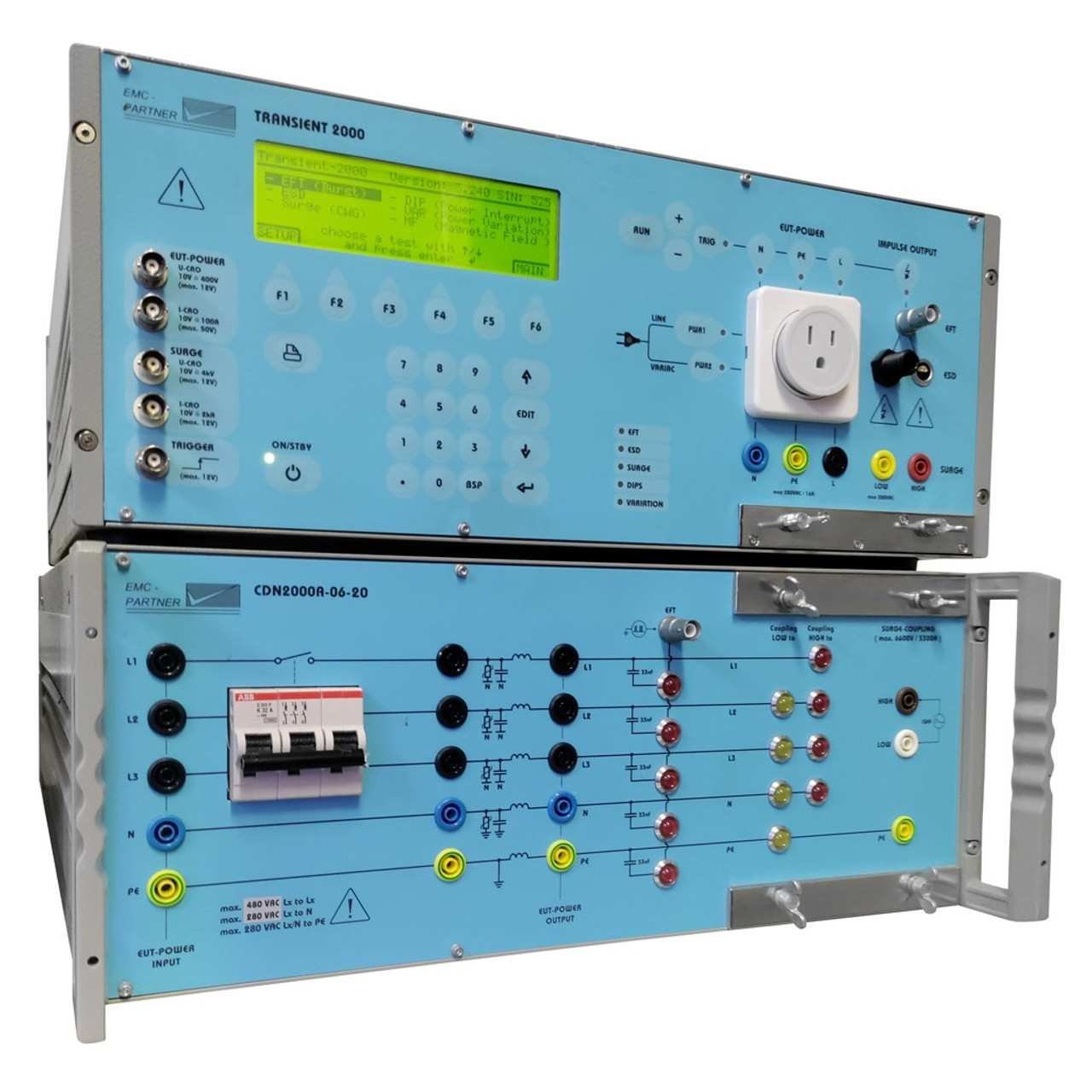 EMC Partner TRA2000 + CDN2000A-06-20 3 Phase Transient Generator with Surge, EFT, and PFQ Testing