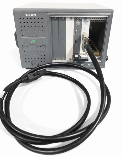 National Instruments PXIe-1071 PXI Express Chassis Front View with Connected Cable and Installed Module