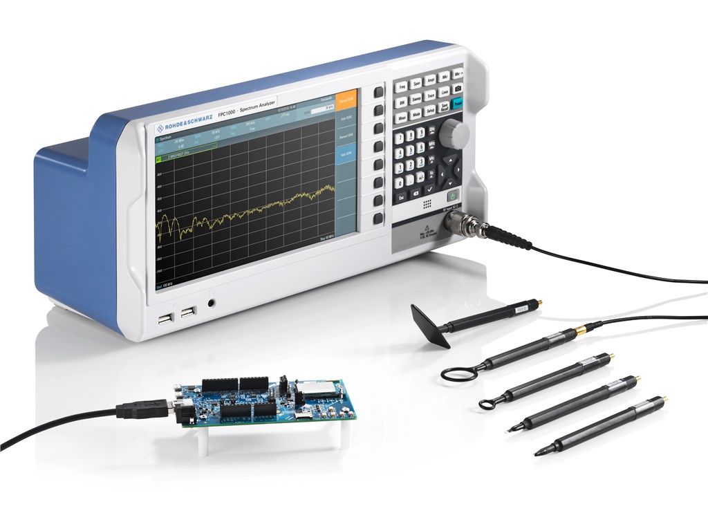 R&S®FPC1000 spectrum analyzer with the R&S®HZ-15 probe set and DUT.