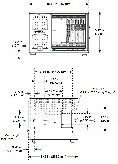 Figure 1. PXIe-1071 Chassis Dimensions (Front and Side)