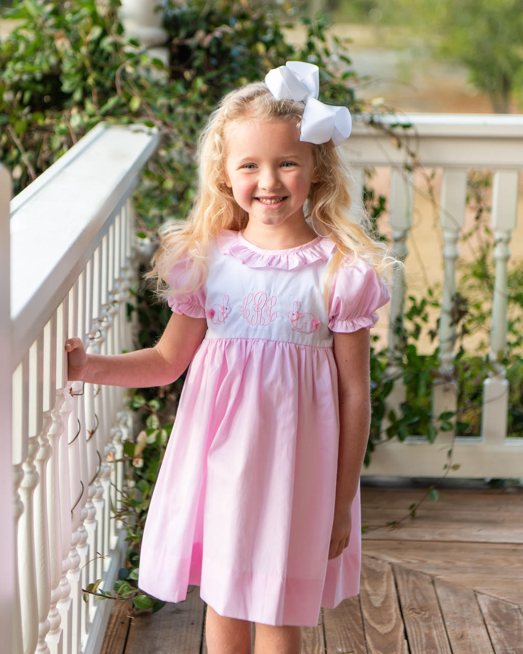 Pink And White Shadow Embroidered Bunny Dress - Cecil and Lou