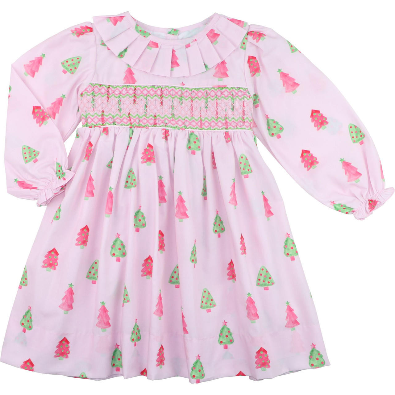 Pink And Green Smocked Christmas Tree Dress - Cecil and Lou