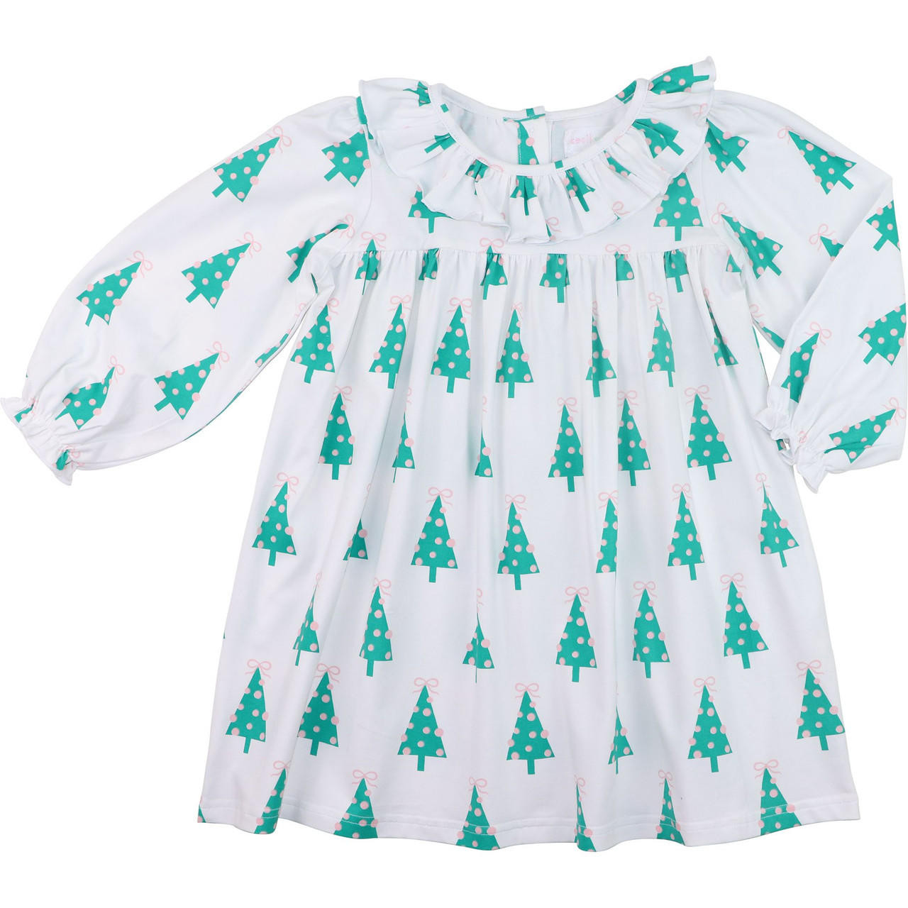 Pink And Green Christmas Tree Print Dress - Cecil and Lou