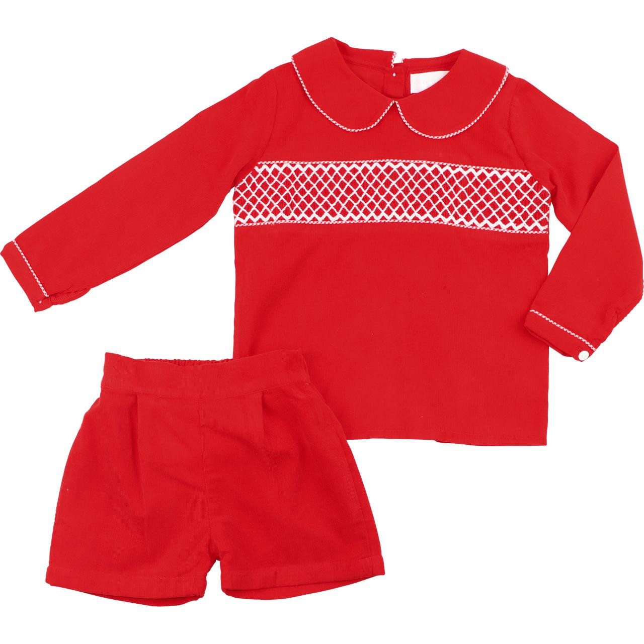 Red Corduroy Geometric Smocked Short Set - Cecil and Lou