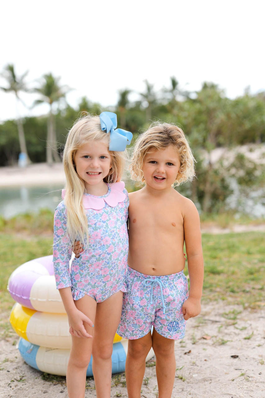 Pink And Blue Floral Scalloped Lycra Rashguard Swimsuit - Cecil and Lou
