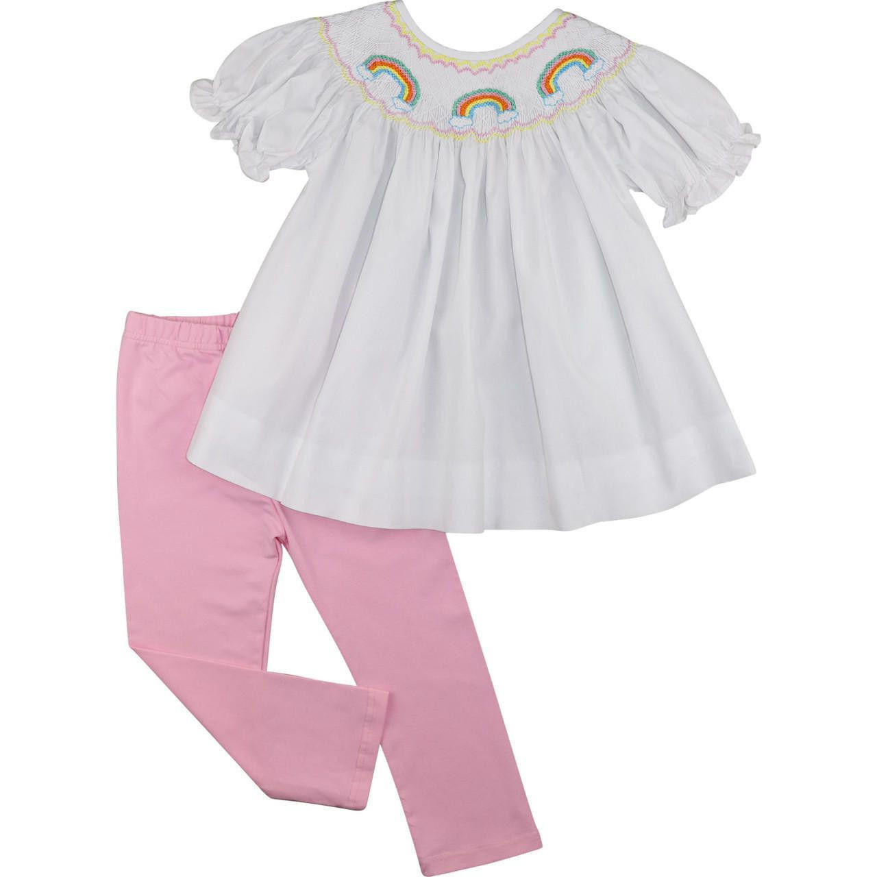 Smocked Set White Cecil Legging Pink Lou And and Rainbow -
