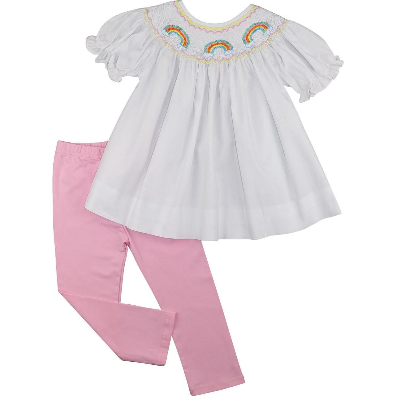 Pink And White Smocked Lou Set Cecil - and Legging Rainbow