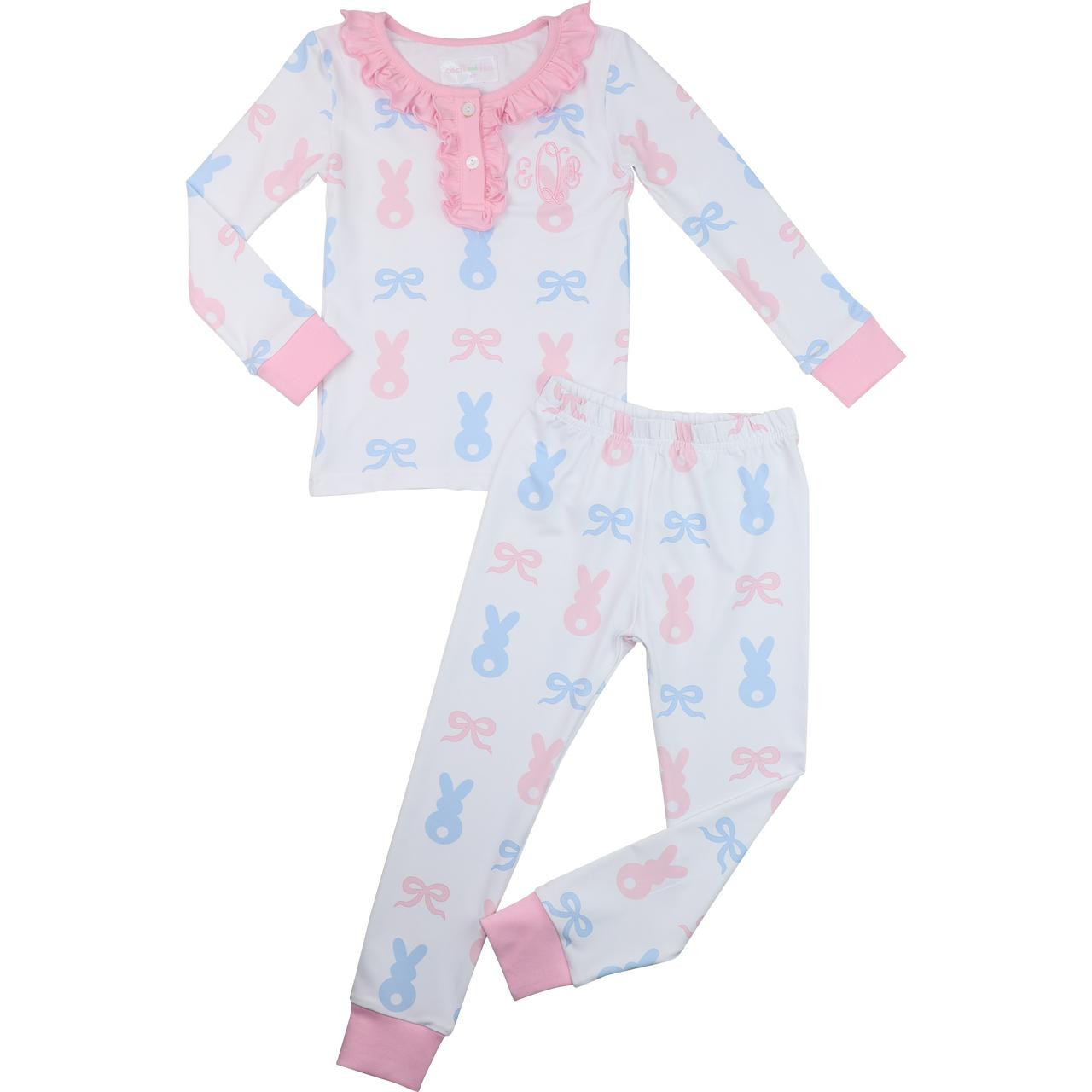 Pink And Blue Bunny And Bow Knit Pajamas