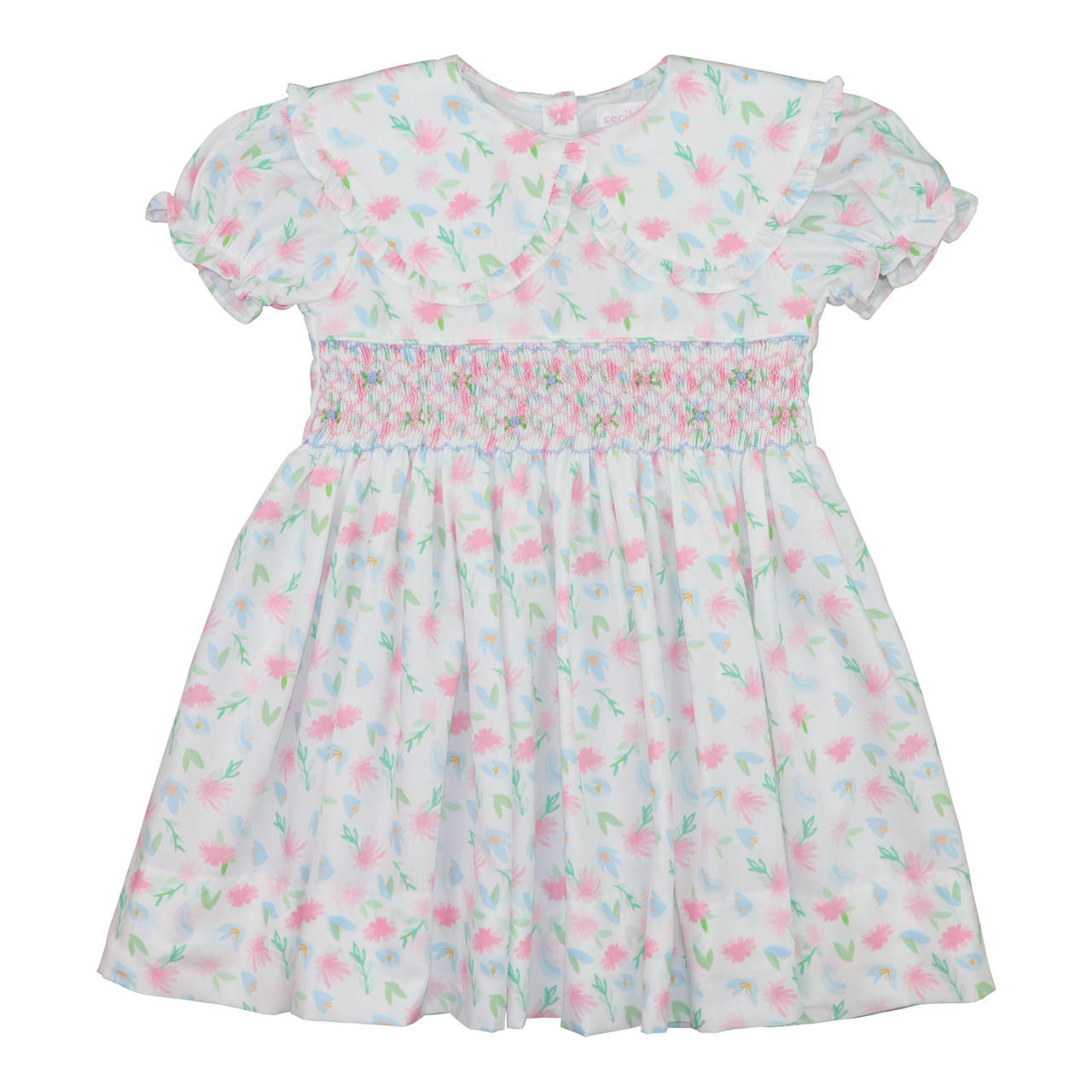 Pink And Blue Smocked Painted Floral Dress - Cecil and Lou