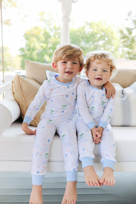 Blue Birthday Print Knit Zipper Pajamas - Cecil and Lou