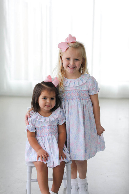 Pink And Blue Smocked Bunny Print Dress