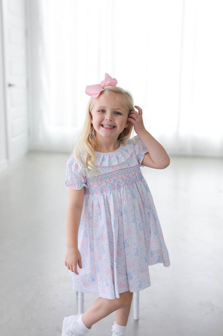 Pink And Blue Smocked Bunny Print Dress