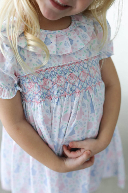 Pink And Blue Smocked Bunny Print Dress - Cecil and Lou