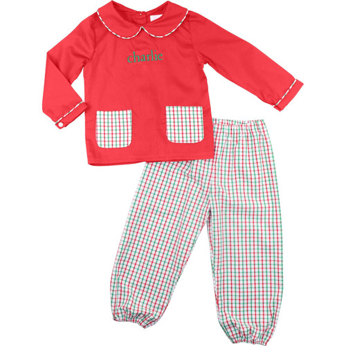 Blue And Green Holiday Print Gingham Pant Set - Cecil and Lou