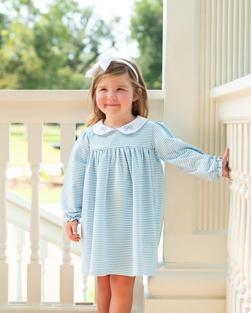 Blue Stripe Knit Embroidered Bow Dress - Cecil and Lou