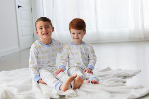 Blue Easter Train Knit Zipper Pajamas Cecil and Lou