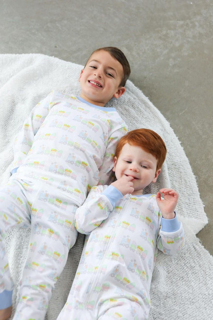 Blue Easter Train Knit Zipper Pajamas Cecil and Lou