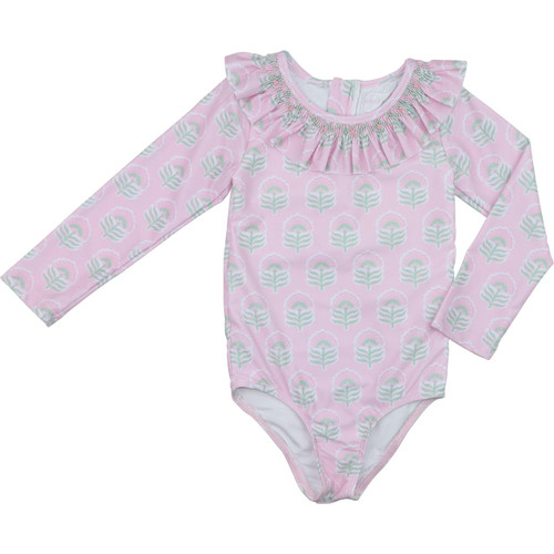 Pink And Mint Botanical Smocked Lycra Rashguard Swimsuit - Cecil and Lou