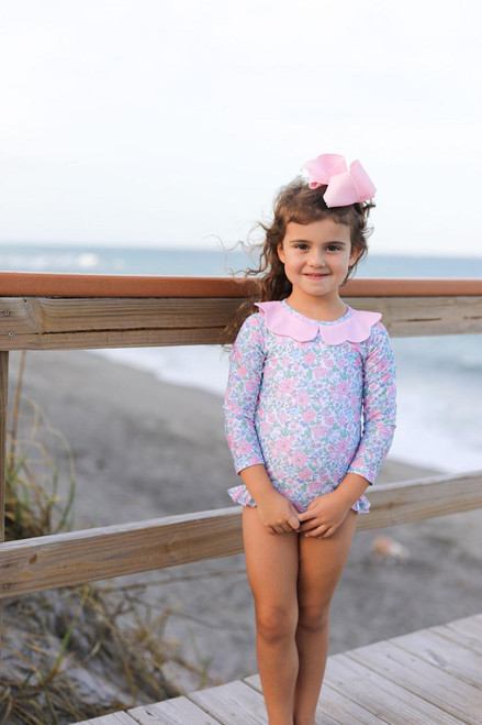 Pink And Blue Floral Scalloped Lycra Rashguard Swimsuit - Cecil and Lou