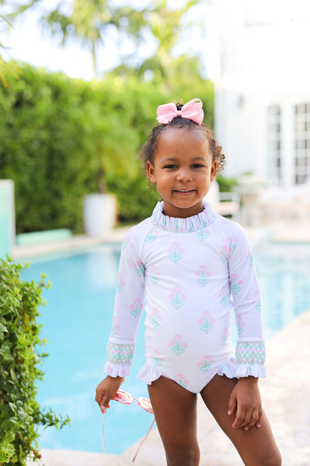 Pink And Green Flower Print Smocked Lycra Rashguard Swimsuit - Cecil and Lou