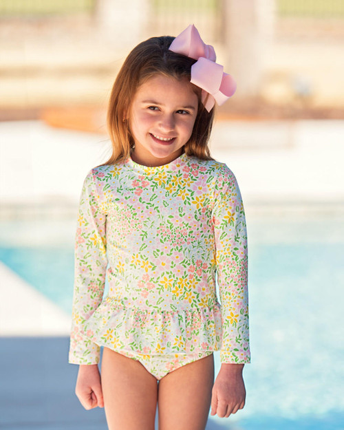 Yellow And Pink Floral Lycra Rashguard Swimsuit - Cecil and Lou