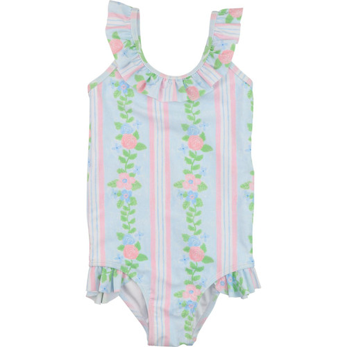 Pink And Green Flower Print Smocked Lycra Rashguard Swimsuit