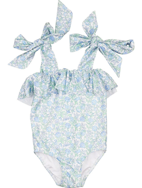 Blue And Green Floral Lycra Swimsuit - Shipping Early April - Cecil and Lou