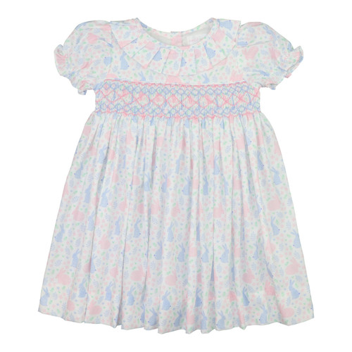 Pink And Blue Smocked Bunny Print Dress