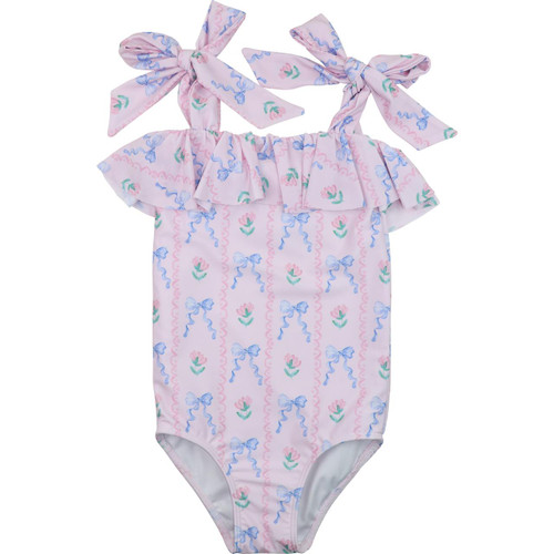 Pink And Blue Flower And Bow Lycra Shoulder Tie Swimsuit - Cecil and Lou