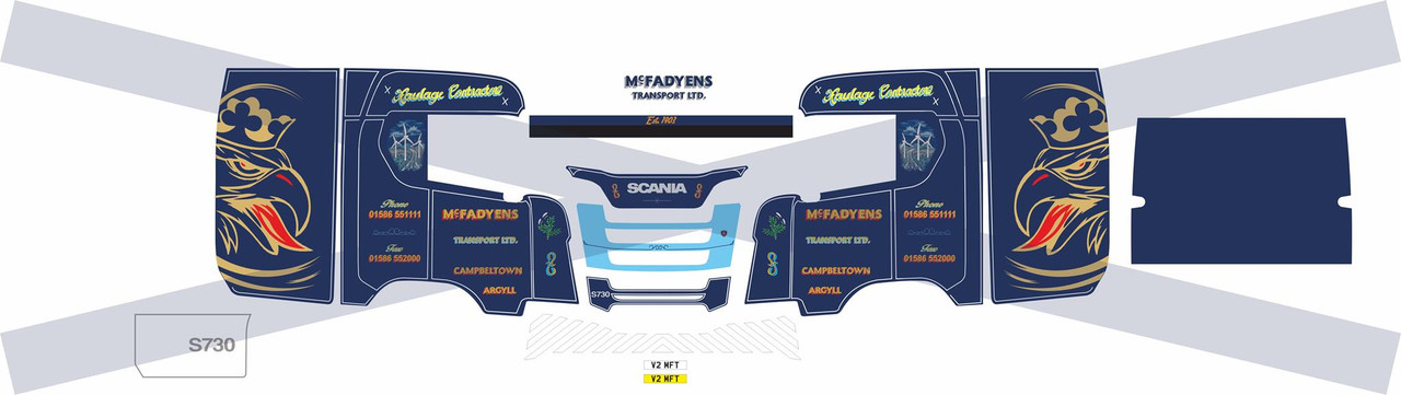 1:50 scale McFadyens S730 Decals for Next Gen S Series 8x4 Scania