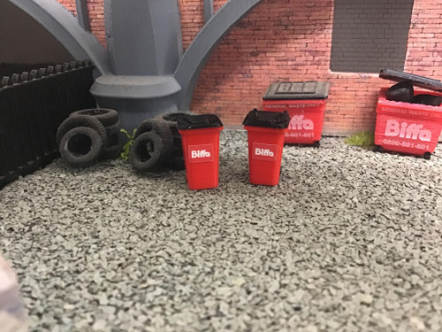 1:76 Scale 8x Red Wheelie Bins with lids & Biffa Logo