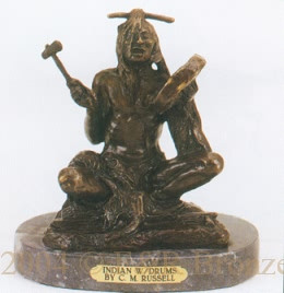  051 Indian with Drums Bronze Sculpture by Charles Russell